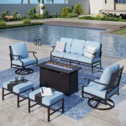 Captiva Designs 6pc Metal Patio Outdoor Conversation Fire Pit Set With Swivel Armchairs And Ottomans -Furniture GUEST eead29d6 b1cb 4eec aa53 b44c3e864a82