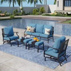 Captiva Designs 5pc Metal Patio Outdoor Conversation Set With Rocking Grid-back Chairs And Ottomans -Furniture GUEST ef125a94 c3b6 40a3 b174 d8d370cfcbe8