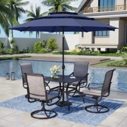 Captiva Designs 6pc Patio Slat-top Square Steel Dining Table & Sling Swivel Chairs & Navy Blue Umbrella -Furniture GUEST ef1c8b3c fd45 4104 8319 a8273386d6fb