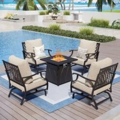 Captiva Designs 5pc Metal Patio Outdoor Conversation Fire Pit Set With Rocking Grid-back Armchairs For Garden, Poolside, Backyard -Furniture GUEST eff9d625 0f9f 4643 999a eec9262da292