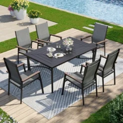 Captiva Designs 7pc Patio Dining Set With Geometric Pattern Rectangle Table & Sling Chairs With Wood-look Armrest -Furniture GUEST f151a8e1 6881 4653 9dc9 a154186b6251