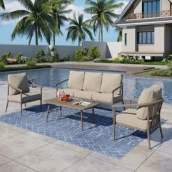 Captiva Designs 4PC Windsor Style Patio Outdoor Sofa Conversation Set With Armchairs For Deck Lawn Backyard -Furniture GUEST f22f3341 918f 49f1 bae5 7ffeac168b37