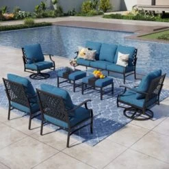 Captiva Designs 7pc Metal Patio Outdoor Conversation Set With Swivel Grid-back Chairs, Ottomans For Garden, Poolside, Backyard -Furniture GUEST f3e93136 1211 473b 9088 67b50b72a3d1