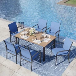 Captiva Designs 7pc Outdoor Patio Wood-look Slatted Top Steel Dining Table & Sling Fixed Chairs -Furniture GUEST f4be17af 1900 4c5d bef9 6c4412958244