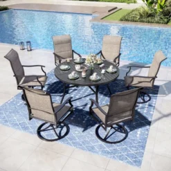 Captiva Designs 7pc Black Slatted Round Steel Table With Umbrella Hole & Grayish Brown Textilene Chairs -Furniture GUEST f6581c62 dc80 4648 99fa e0ce1219ae22