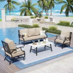Captiva Designs 4pc Patio Outdoor Conversation Set With Rocking Grid-back Chairs For Garden, Poolside, Backyard -Furniture GUEST f6e87a74 b1c0 4fc9 9ae1 af54712fb6af