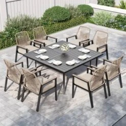 Captiva Designs 9pc Outdoor Slat-top Square Metal Dining Table And Thick Cushion Fixed Wicker Chairs -Furniture GUEST f6f59b3e e051 4bce b99d a2a50cbf9672
