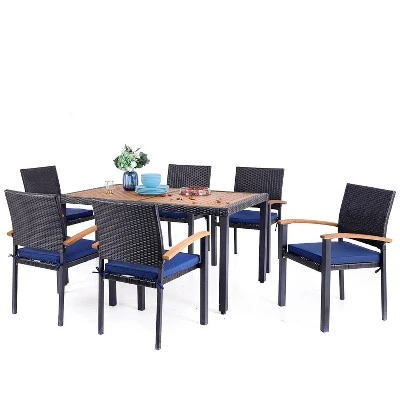 7pc Outdoor Dining Set With Rattan Stackable Chairs & Rectangle Acacia Wood Table - Captiva Designs 10 7pc Outdoor Dining Set With Rattan Stackable Chairs & Rectangle Acacia Wood Table - Captiva Designs - Image 8