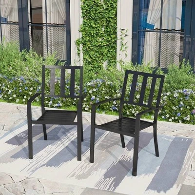 7pc Patio Dining Set, Rectangle Steel Table With Umbrella Hole, Stackable Stripe Pattern Arm Chairs - Black - Captiva Designs 7 7pc Patio Dining Set, Rectangle Steel Table With Umbrella Hole, Stackable Stripe Pattern Arm Chairs - Black - Captiva Designs - Image 5