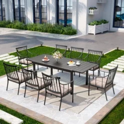 Captiva Designs 9pc Patio Dining Set With Slat-top Adjustable Steel Rectangle Table & Stylish Metal Arm Chairs -Furniture GUEST f81f92a5 00fa 4dc9 8bc2 31198a38b422