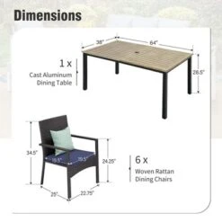 Captiva Designs 7pc Patio Wood-look Rectangle Dining Table & Rattan Chairs With Removable Cushions -Furniture GUEST f92fbb6f bebd 4c34 9363 e08fbf472523