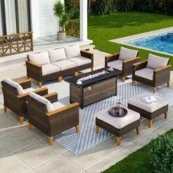 Captiva Designs 10pc Wicker Outdoor Patio Rattan Sectional Conversation Set With Fire Pit Table And Cushioned Ottoman -Furniture GUEST fa019a5c 56ba 403d aef5 228e9f591822