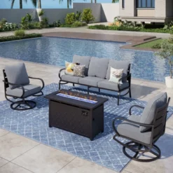 Captiva Designs 4pc Metal Patio Seating Furniture Fire Pit Set With Swivel Chairs For Garden Porch Backyard -Furniture GUEST fa591141 b003 4562 b116 7f3b98fb1f0f