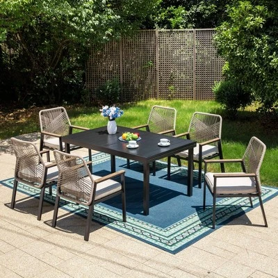 Captiva Designs 7pc Patio Expandable Steel Dining Table And Fixed Wicker Chairs With Thick Cushions 10 Captiva Designs 7pc Patio Expandable Steel Dining Table And Fixed Wicker Chairs With Thick Cushions - Image 8