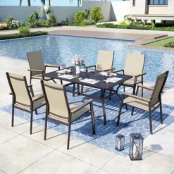 Captiva Designs 7pc Patio Dining Slat-top Rectangle Table & Textilene Chairs With Wood-like Armrests -Furniture GUEST fb6a9c59 bc56 423a 99ba 40b79fa406c3