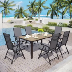 Captiva Designs 7pc Patio Wood-look Metal Table With Umbrella Hole & Textilene Reclining Foldable Chairs -Furniture GUEST fb6f9cf7 871d 49b2 b795 11554ae7cf98