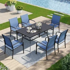 Captiva Designs 7pc Patio Dining Set With Slat-top Rectangle Table & Sling Fixed Dining Chairs -Furniture GUEST fb725cd9 c209 4c61 8275 401783d3d9c6