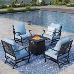 Captiva Designs 5pc Metal Patio Outdoor Conversation Fire Pit Set With Rocking Grid-back Armchairs For Garden, Poolside, Backyard -Furniture GUEST fba844a0 d46f 48a2 bb5a 089ee9975ab2
