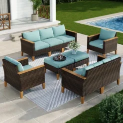 Captiva Designs 9pc Wicker Outdoor Patio Rattan Sectional Conversation Set With Cushioned Ottoman -Furniture GUEST fbf96004 f615 4733 88fa dfee21992877