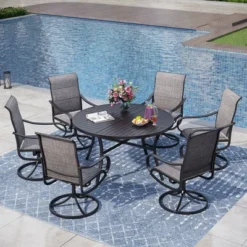 Captiva Designs 7pc Black Slatted Round Steel Table With Umbrella Hole & Grayish Brown Textilene Chairs -Furniture GUEST fdf35981 6437 44e0 a01c 72861a3bdb7a