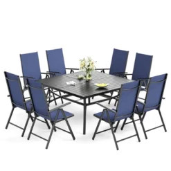 Captiva Designs 9pc Spacious Slat-top Square Metal Table With Umbrella Hole & Reclining Foldable Sling Chairs