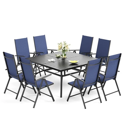 Captiva Designs 9pc Spacious Slat-top Square Metal Table With Umbrella Hole & Reclining Foldable Sling Chairs 3 Captiva Designs 9pc Spacious Slat-top Square Metal Table With Umbrella Hole & Reclining Foldable Sling Chairs