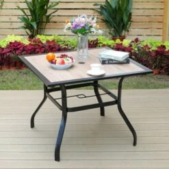5pc Patio Dining Set With Rattan Arm Chairs & Square Faux Wood & Steel Tabletop - Captiva Designs