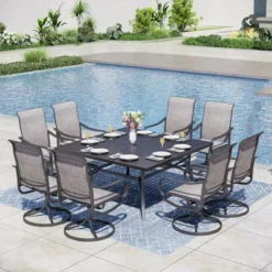 Captiva Designs 9pc Spacious Slat-top Square Metal Table With Umbrella Hole & Textilene Swivel Chairs -Furniture GUEST ffa1a8b3 250e 490e 8309 13c1c1555a85